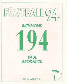 1994 Select AFL Stickers #194 Paul Broderick Back